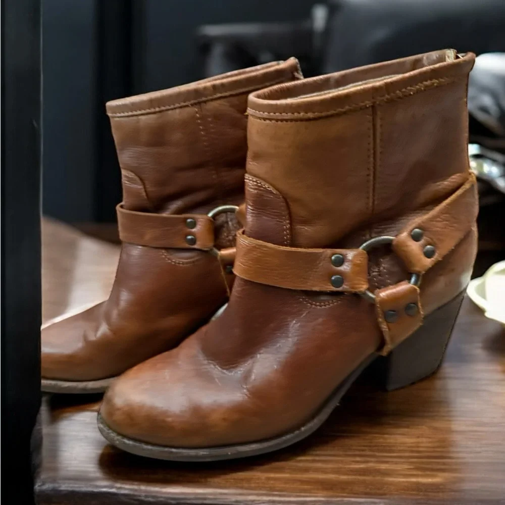 Frye Brown Leather Harness Ankle Boots